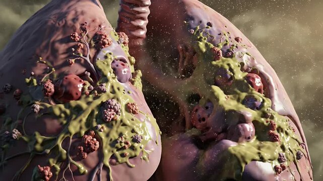 Diseased Lungs Showing Tumors and Mucus With Detailed Texture and Particles In Soft Light