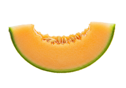High-key macro shot of a fresh, ripe cantaloupe melon slice with vibrant orange flesh and a bite mark, isolated on a transparent background, concept for healthy food advertising