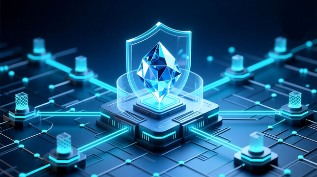 Cyber security mesh network abstract shows architecture A crystalline core protects data assets ensuring robust encryption for resilient comms in futuristic setting