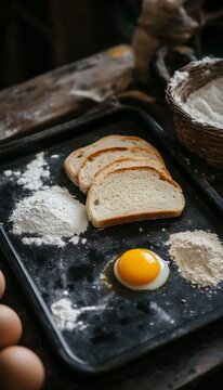 Ingredients for making toat on a black tray, includig flour, egg, and sliced bead, ready to cook