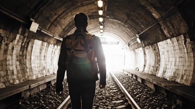 A lone man walks down a dimly lit tunnel with train tracks, illuminated by bright light at the end, casting a silhouette with a rugged and mysterious mood.