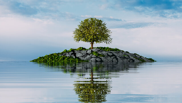 Surreal island with solitary tree surrounded by calm water