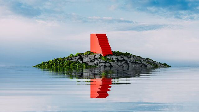Surreal island with red steps emerging from tranquil water