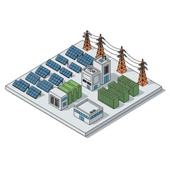 Isometric illustration of a solar power plant with energy storage and transmission infrastructure.