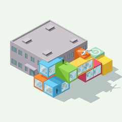 Fototapeta premium Isometric illustration of a warehouse with colorful shipping containers.