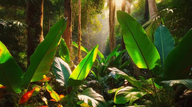 Tropical Forest with Sunlight Filtering Through Trees.