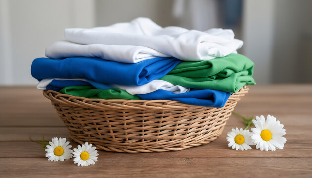 Freshly folded laundry in a wicker basket with daisies on a wooden table
