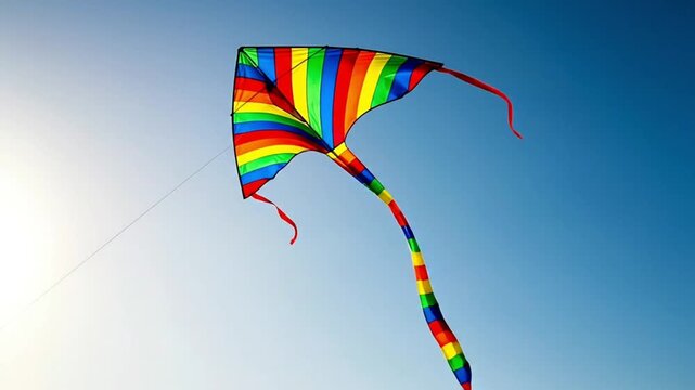 A vibrant rainbow kite soaring in a clear blue sky.