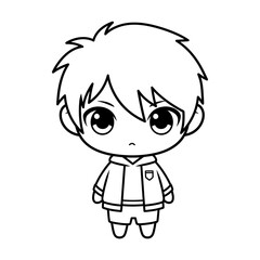 Obraz premium Cute Chibi Boy Outline Drawing, Anime Style Character, Simple Manga Art