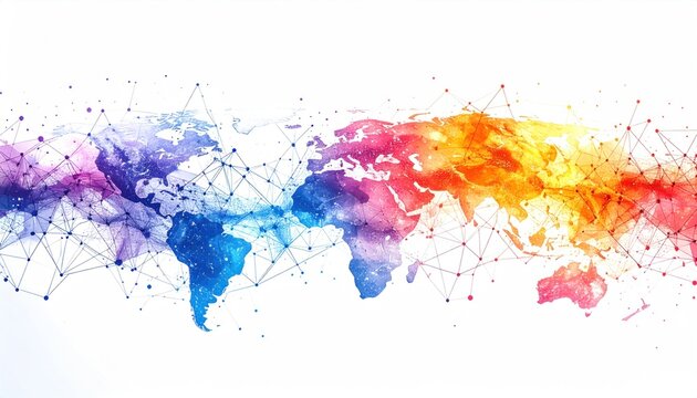 Colorful Abstract World Map with Geometric Connections and Watercolor Texture.