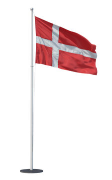 Waving Danish flag proudly displayed on a white flagpole against a clear sky