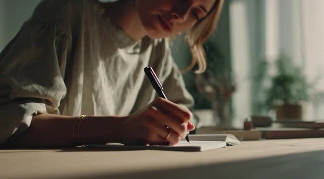 Mulher Escrevendo Livro com Caneta. Tranquilidade, Leveza e Criatividade em Momento Inspirador