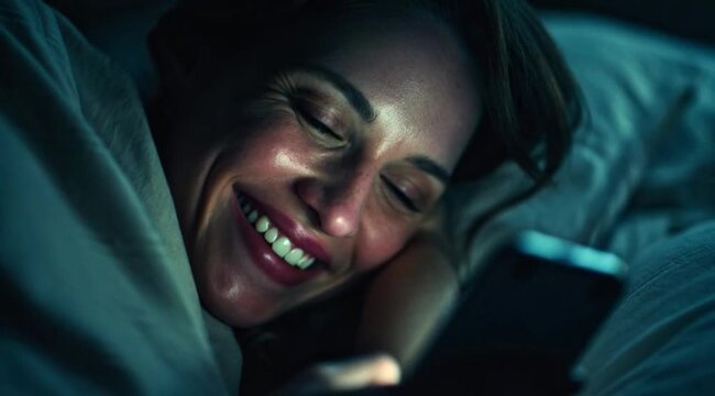Mulher Deitada a Noite Recebendo Mensagem no Celular e Expressando Felicidade