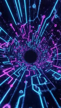 Dynamic futuristic neon tunnel with glowing circuit patterns and geometric shapes, creating an immersive high-tech digital experience.