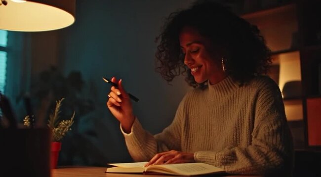 Mulher Escrevendo Livro com Caneta. Tranquilidade, Leveza e Criatividade em Momento Inspirador