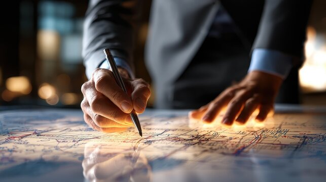 Corporate planning executive organizing strategic documents and forecasting models conveying vision alignment structured development and organizational resilience close up leadership theme realistic