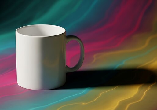 A white ceramic mug on a colorful background with shadow