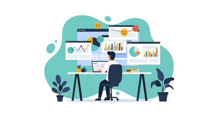 Man working at desk with multiple computer screens showing charts and graphs.