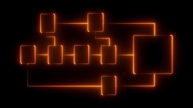Abstract Orange Neon Network Connections Glowing on Black Background, Flowchart Structure, Technology Concept