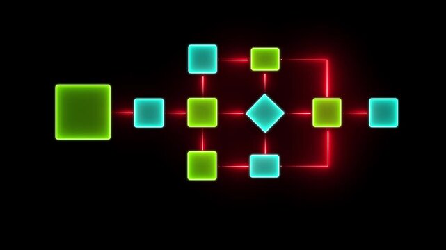 Abstract Flowchart Network with Neon Glowing Shapes and Red Laser Connections on Black Background, Digital Data Process
