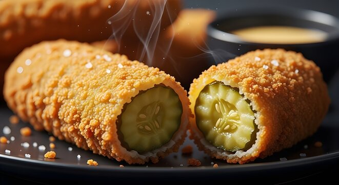 Crispy Fried Pickle Spears With Golden Breading And Tangy Dill Interior, Close-Up Snack Perfection, Classic Bar Food Or Appetizer Crunch