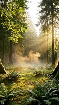A peaceful forest scene featuring sun rays filtering through lush green trees and a gentle mist creating a calming natural atmosphere perfect for nature videos or relaxation content.