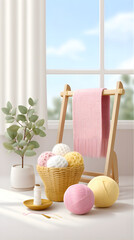 Cozy Knitting Arrangement with Yarn Balls and Woven Blanket in Sunlit Minimalist Interior