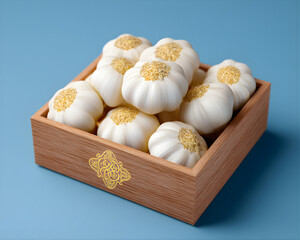 Artisan Garlic Cluster in Elegant Wooden Box on Blue Background &ndash; Culinary Art and Style Focused Conceptual Imagery