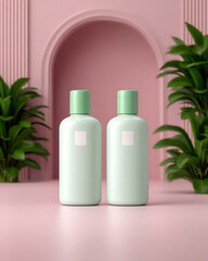 Minimalist Pastel Green Personal Care Bottles on Pink Background with Modern Arch and Greenery for Eco-friendly Branding