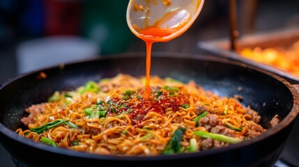 Street Food Delicacy: Spicy Stir-Fried Noodles with Hot Sauce Pouring in Vibrant Asian Night Market Scene