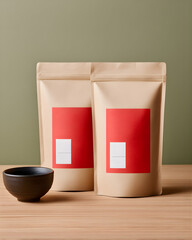 Eco-friendly Minimalist Kraft Paper Coffee Packaging with Red Labels and Ceramic Bowl on Wooden Surface for Organic Product Branding