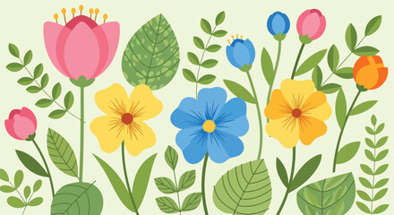 Colorful illustrated flowers with leaves on a light green background