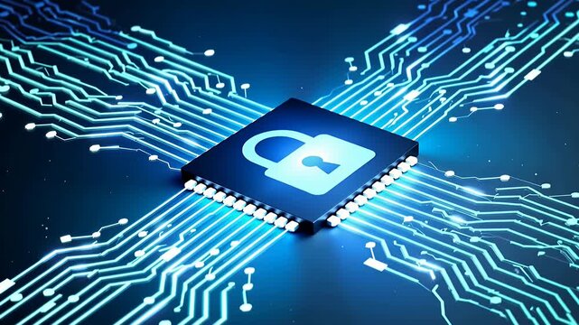 cybersecurity lock on microchip circuitry blue digital background
