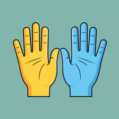 Obraz premium Colorful illustrated hands, one yellow, the other blue, on a soft green backdrop
