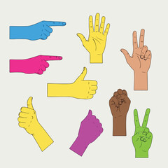 Fototapeta premium Colorful illustrated hands showing gestures, pointing, thumbs-up, peace