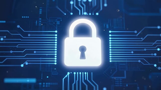 cybersecurity lock on circuit board, digital security concept, data protection visuals