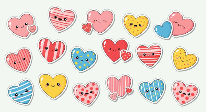 Collection of cute cartoon hearts with faces and decorations on white
