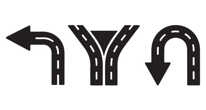 Road arrow signs showing left turn highway split and u-turn path for navigation information