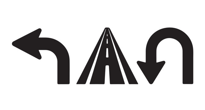 Left turn directional arrow with perspective road lane and return u-turn icon for navigation