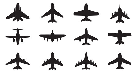 Set of black aircraft and plane icons on white background ready for air travel design © VANU