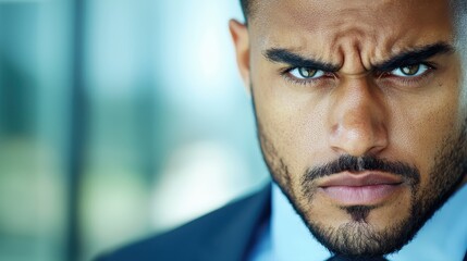 Obraz premium Gen Z Leader concept. Close-up of a serious man with intense eyes and furrowed brow in a suit.