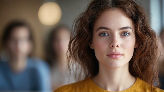 Gen Z Leader concept. Young woman with curly hair looking confidently at the camera indoors