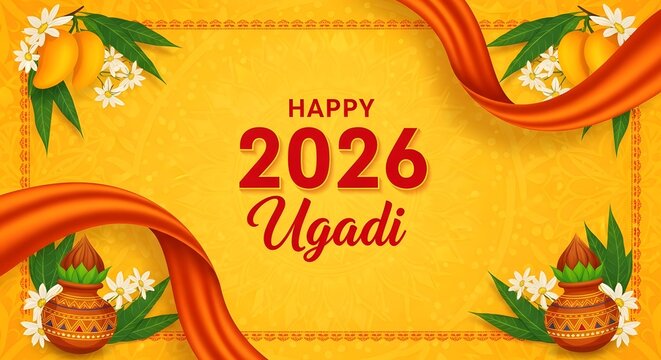 Happy ugadi 2026 greeting card design with traditional elements and yellow background