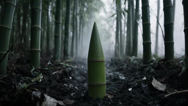 Bamboo Shoot Speed. Seed Germination & New Life Emerging from Soil. Rhythmic Growth. A sharp, conical bamboo shoot pushing aside heavy forest mulch and debris, set in a misty tropical bamboo grove
