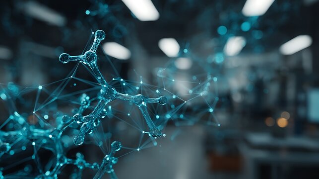 biotech AI neural network overlay hologram, abstract network nodes, cyan-blue HUD interface