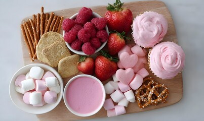  a monochrome pink snack board with strawberries, raspberries, pink marshmallows, yogurt covered pretzels, pink cupcakes, heart shaped cookies