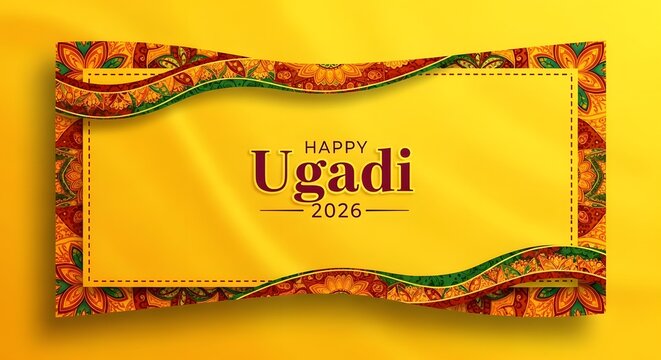 Happy ugadi 2026 greeting card template with traditional border design
