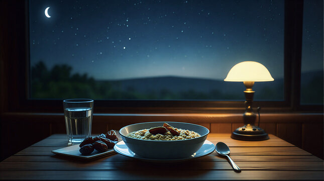 Healthy Ramadan Suhoor Meal with Oatmeal, Dates, and Water on Wooden Table, Pre-dawn Serenity with Crescent Moon Window View