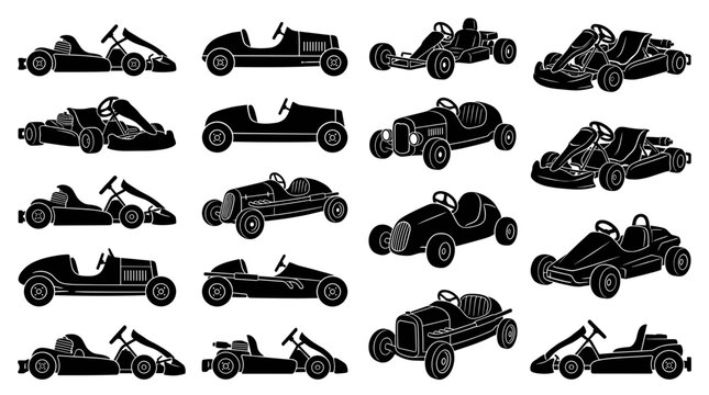 Vintage Go Kart Vector Set Featuring Classic Pedal Cars Antique Automobiles and Retro Open Wheel Racing Vehicle Silhouettes for Nostalgic Motorsport Graphic Design Illustration