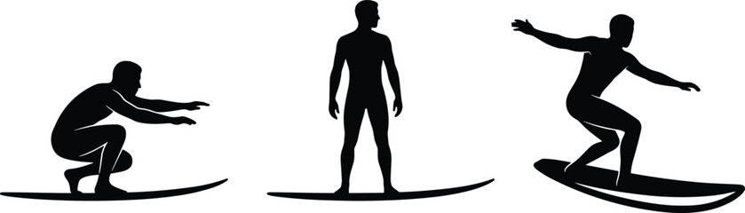 Obraz premium Surfer silhouette set riding wave on surfboard, dynamic male surfing poses isolated on white background illustration